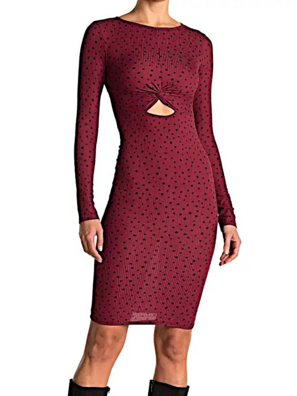 Velvet Torch Women's Burgundy Polka Dot Keyhole Rib Knit Midi Dress SZ XL